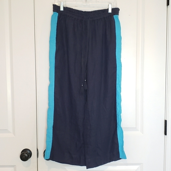 J. Crew Navy Blue Side Stripe Linen Drawstring Wide Leg Pants S - Picture 1 of 11